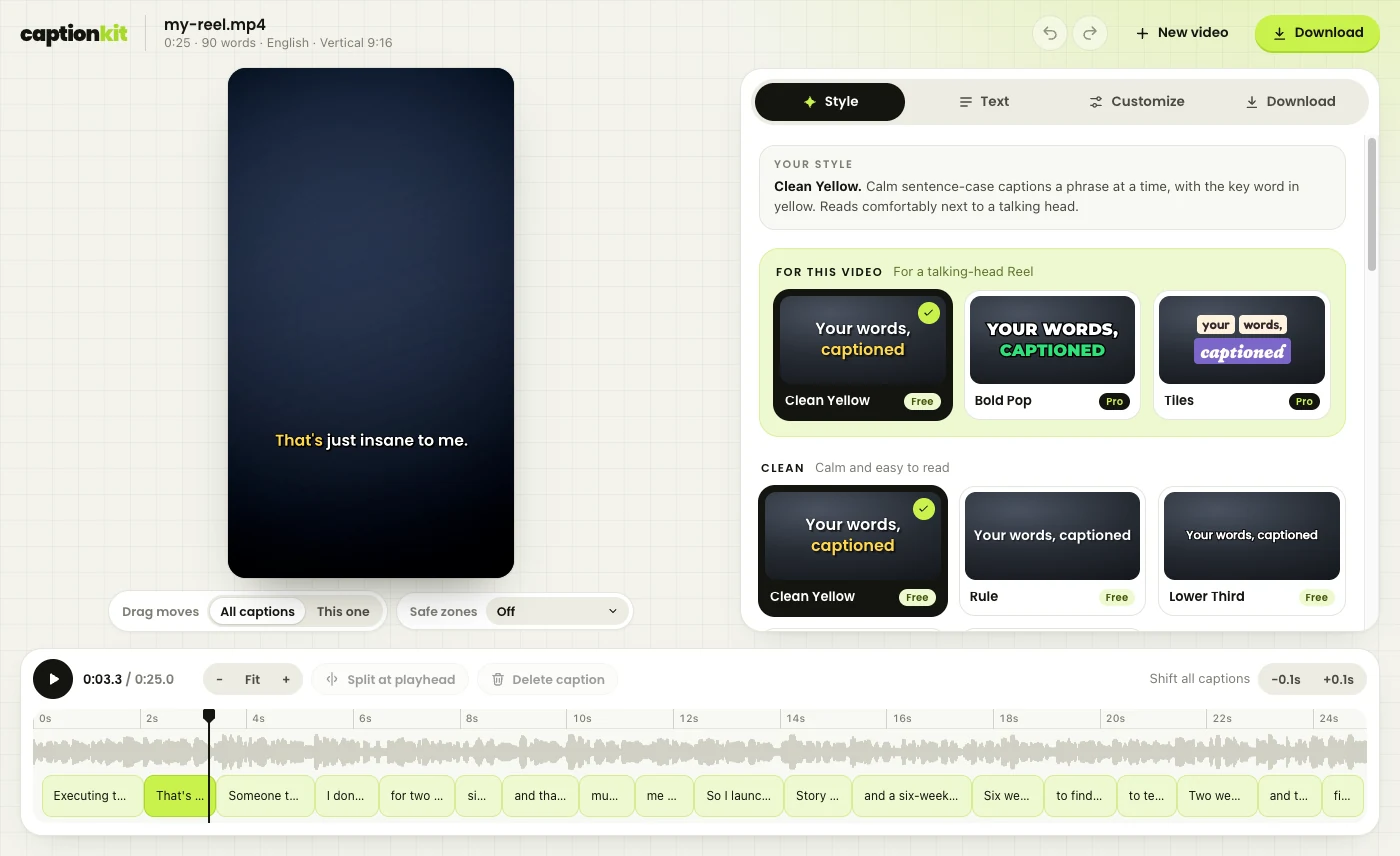 The captionkit editor: the video with captions, the style library, and a waveform timeline